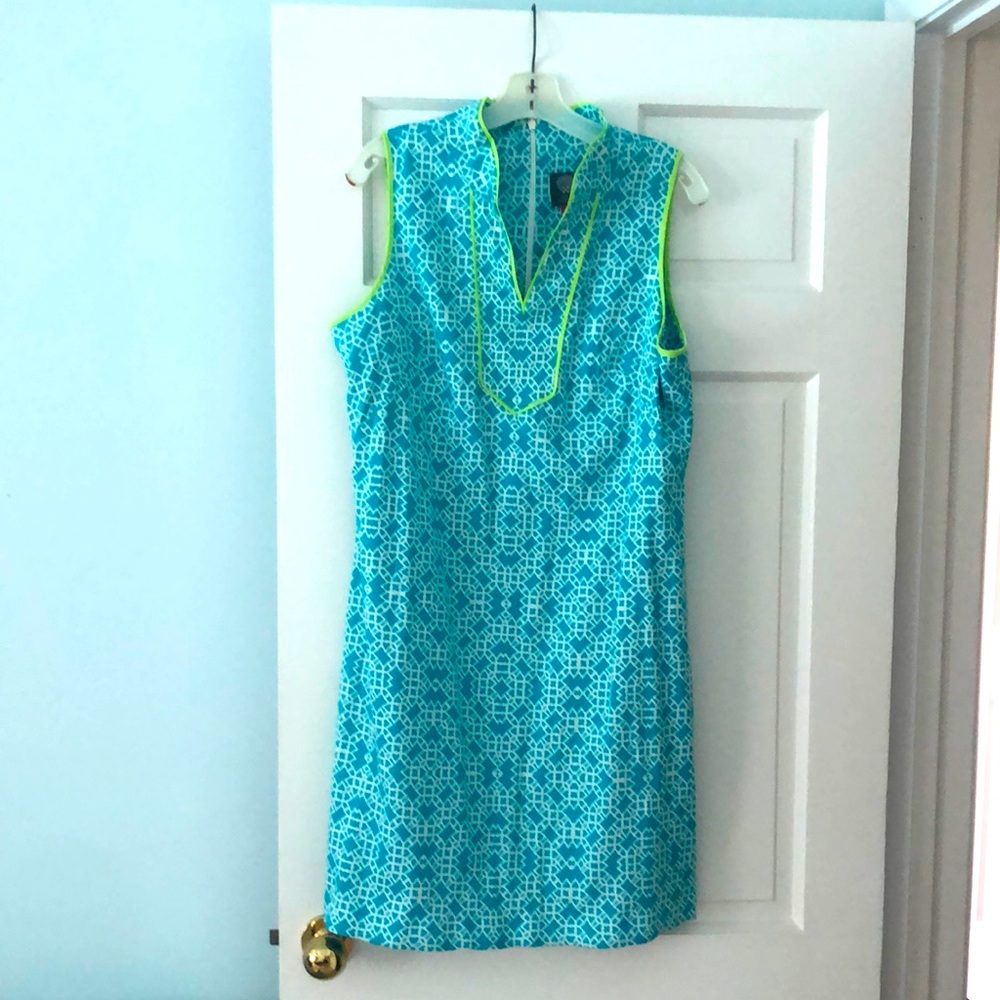Vince Camuto Turquoise and Lime Green Printed Sleeveless Mini Dress